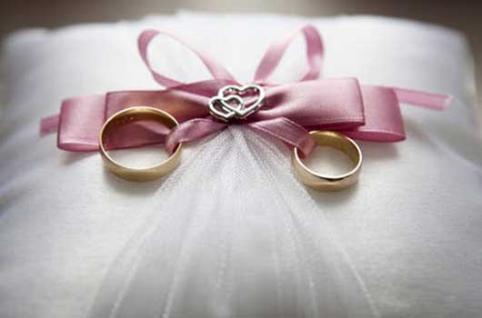 A white cushion with a pink bow and two gold rings
